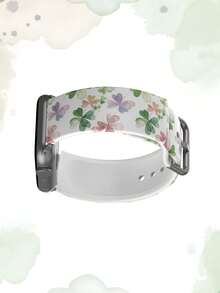 一条印有四叶草图案的硅胶智能手表表带。这款通用型 20-22 毫米表带具有广泛的兼容性：兼容华为 Watch GT3/GT4、三星 Galaxy Watch6 以及 Series 1 至 Series 9、SE 和 Ultra（表壳尺寸 38-49 毫米）。