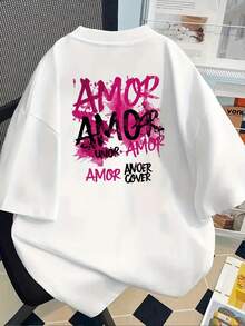 Camiseta gráfica AMOR para hombres y mujeres - Letras rosadas en el frente y atrás, camiseta casual suave para el día de San Valentín, citas, atuendos diarios - Top básico para todas las estaciones con diseño de letras en negrita, camisetas para damas, ropa para citas, ropa casual de moda, camiseta de ajuste cómodo, ropa versátil, moda de , material duradero, camiseta de manga corta, amantes de la moda - Blanco - Ver 3