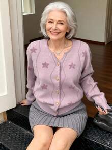 Livesso Women's Loose Business Casual Fashion Star All-Over Print, Fine Striped Color Block, Metal Button Decor Knit Cardigan, Suitable For Autumn & Winter - View 2