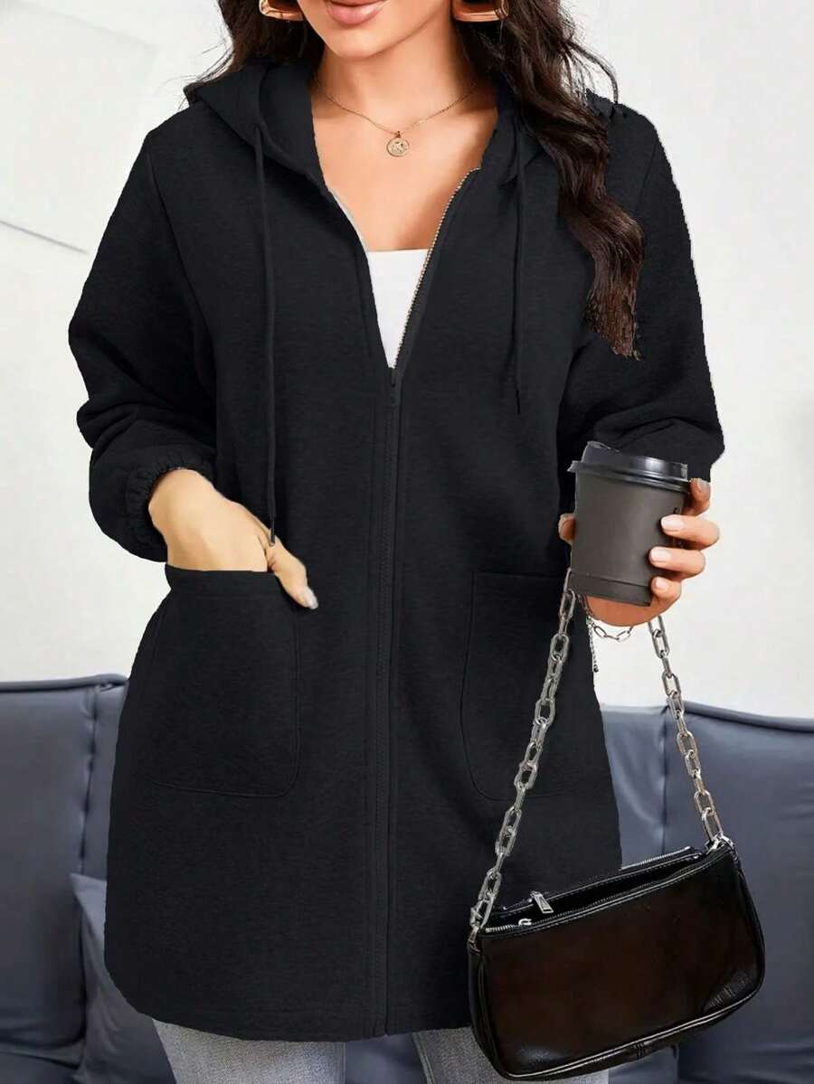 Moletom feminino cinza longo com zíper, modelo elegante para esportes ao ar livre. - Preto - Ver 1