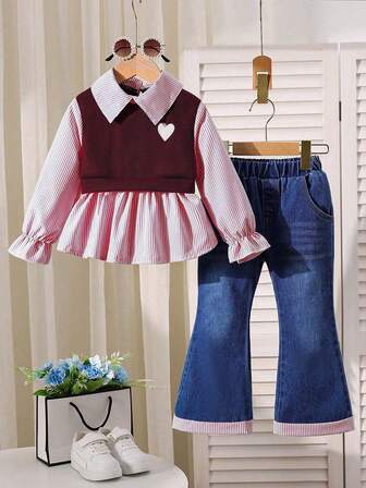 2pcs/Set Young Girls' Fashionable Casual 2 In 1 Collared Top + Stylish Flared Denim Pants Outfit