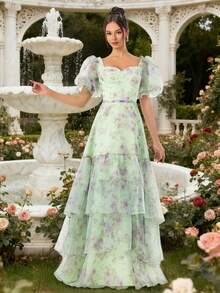 VIPGIRL Off-Shoulder Floral Print Mesh Waist Elegant Women Evening Gown - Green - View 1