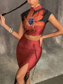 Faeriesty بلوزة صينية جديدة فاخرة للنساء مع ياقة صغيرة على الطراز الصيني وأكمام قصيرة أنيقة، تتميز بنقش زهري فني - مثالية للعشاء الرسمي وحفلات السجادة الحمراء وحفلات الزفاف الفاخرة والولائم الرسمية والفعاليات التجارية الرفيعة لتعزيز الرقي والأناقة في التجمعات الراقية. ملابس رأس السنة الجديدة - احمر خشبي - مشاهدة 3