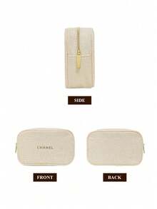 CHANEL Túi đựng đồ trang điểm bằng vải màu be thêu logo vàng, túi đựng mỹ phẩm du lịch có khóa kéo - trắng đục - Xem 3