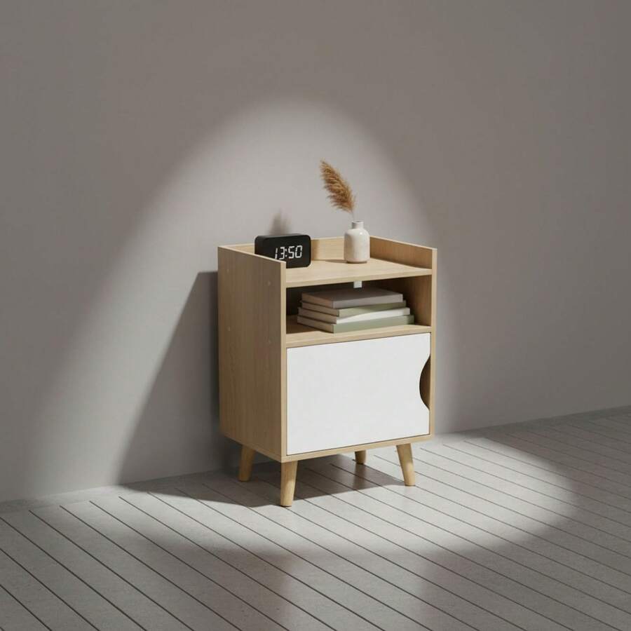 KIWI White, Black Or Natural Wood Bedside Table In Nordic Style With Drawer, Door Or Shelves, Side Table For Bedroom Or Living Room, Modern And Compact Nightstand For Home - 門架 40x30x55 厘米 - 查看 1
