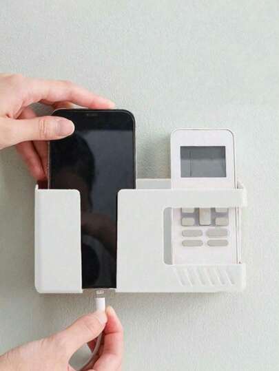 1pc Large Plastic Wall-Mounted Phone Stand/ Storage Box/ Remote Control Holder With Charging Port Bottom Wall Shelf