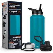 Magma Life Termo de Acero Inoxidable para Café y Agua 950 ml (32 oz): Contiene 3 Tapas para Diferentes tipos de Bebidas, Ideal para Mantener la Temperatura Deseada (Azul Capri) - Aceituna - Ver 4