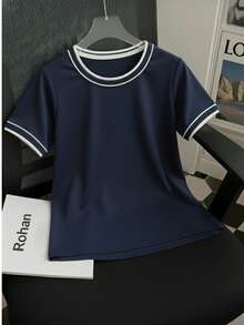 Women's Short-Sleeve Ribbed Blouse, Plain, Round Neck With Collar And Sleeve Details, Elegant Basic Style - Màu xanh hải quân - Xem 1