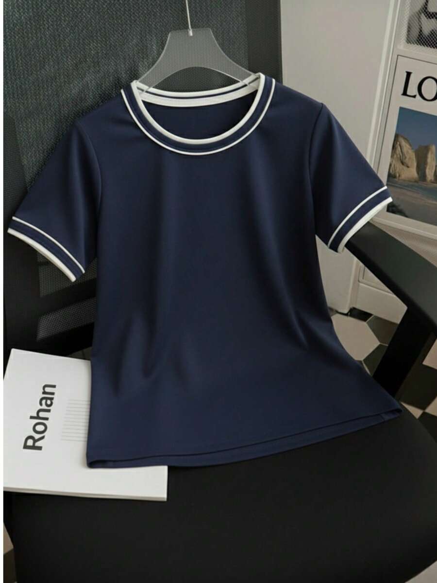 Women's Short-Sleeve Ribbed Blouse, Plain, Round Neck With Collar And Sleeve Details, Elegant Basic Style - Màu xanh hải quân - Xem 1