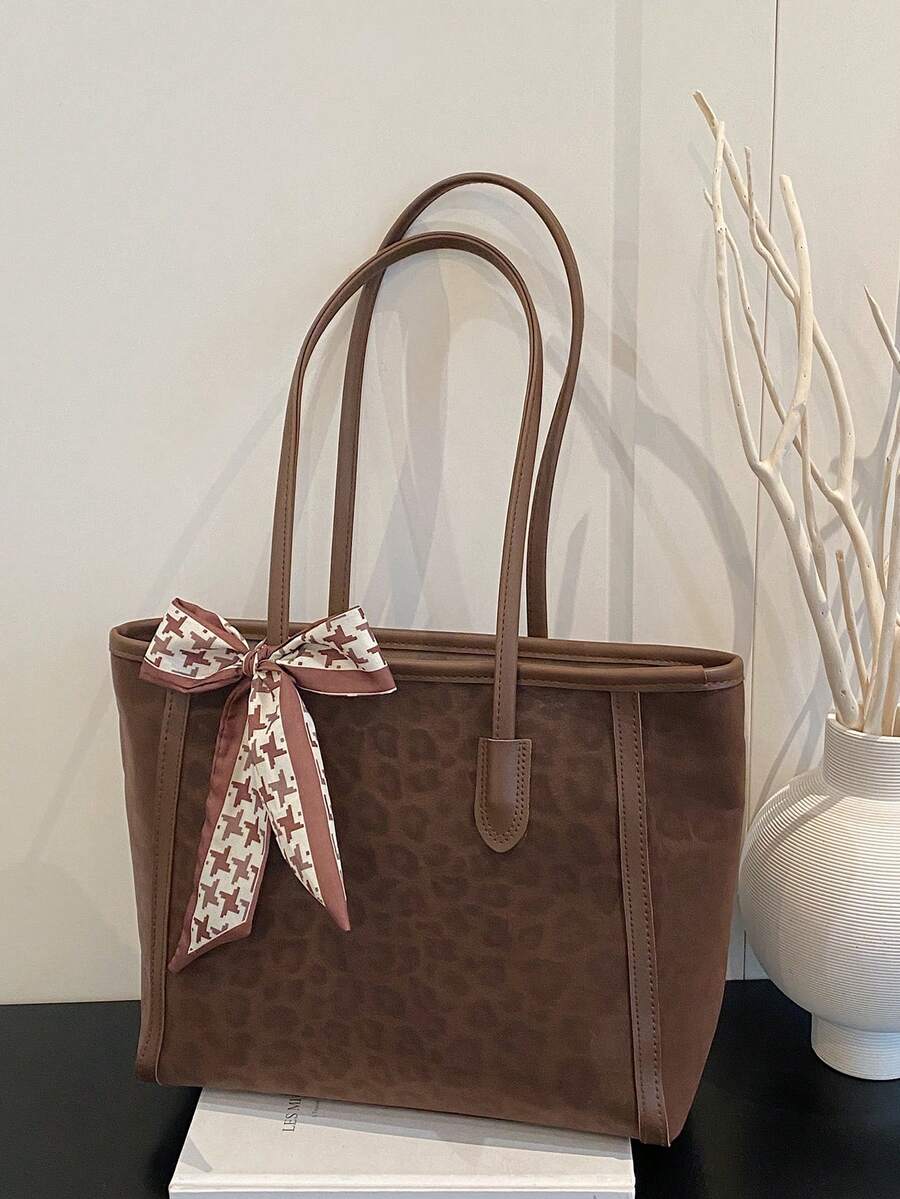 时尚纯色丝巾装饰PU手提包，大容量通勤复古简约单肩包，百搭手提包，适合女性 - 棕色 - 查看 1