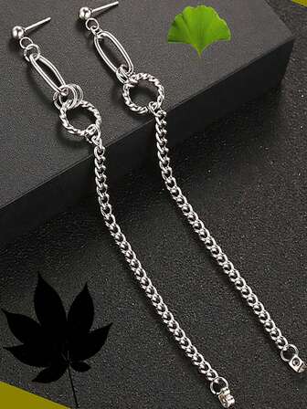 1 Pair Minimalist Steel Ball Earrings, Chain Linked Elongated Earrings With Oval Patterned Design, Simple Personalized Edgy Steel Ball Stud Earrings, Hypoallergenic Non-Fading Stainless Steel, Suitable For Men And Women Daily Wear Or Best Gift