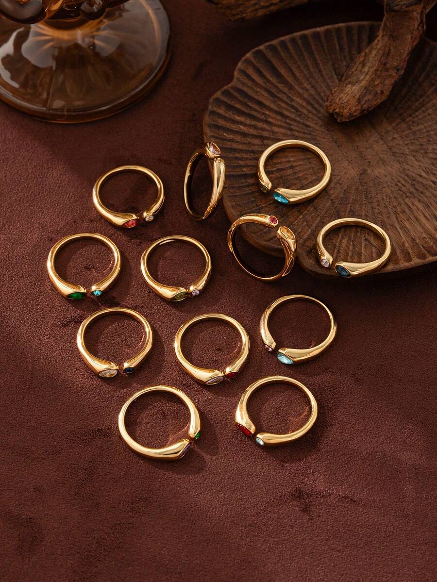 1枚时尚不锈钢开口宝石戒指，适合12岁生日佩戴。电镀18K金，防水防汗，适合情人节、节日、户外活动和假日郊游等场合。女士饰品。 - 彩色 - 查看 1