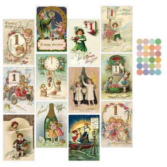 12pcs Vintage New Year Postcards Set Without Envelope, Victorian Style Angel Design Holiday Posters For Wall Decor, Retro Greeting Cards For New Year Congratulations And Celebrations, Wall Collage Kit