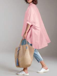 女士时尚优雅浅蓝色宽松高低摆短袖翻领纽扣衬衫，修身百搭，适合日常外出、休闲聚会和日常穿着，春夏及圣诞节皆宜。 - 淺粉色 - 查看 4