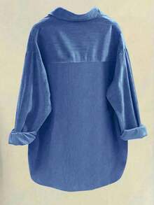 Plus Size Corduroy Long Sleeve Shirt, Loose Shirt Style Jacket Women, Solid Color Drop Shoulder Long Sleeve, Casual Commute Street Style Top - Blue - View 4