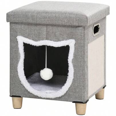 Casinha para Gatos PawHut com Almofada, Tapete Arranhador, Bola para Brincar, Antiderrapante, Cinza, Poliéster para Gatos de Interior