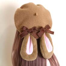 Lop-Eared Rabbit Beret Japanese Style Bowknot Versatile Autumn Winter Melad Painter Hat - 駝粉兔耳貝雷帽 - 查看 4