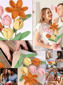 Crochet Flowers, Valentine's Day Gift, DIY Bouquet, Crochet Flower Graduation Gift, Handmade Tulip Rose, DIY Wedding Bouquet, Desktop Decor, Home Decor, Anniversary, Birthday Gift For Women, Wife, Lover, Friend - Multicolor - View 5