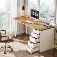 Tribesigns Modern Simple Computer Desk, 47 Inches PC Desk With 5 Reversible Drawers, Rustic Brown Study Writing Table Workstation For Home Office Small Spaces (Light Brown+White) - Light Brown & White - View 4
