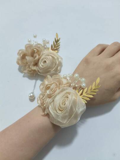 1枚胸花+1枚腕花，香槟玫瑰和山茶花装饰胸针，适合新郎、新娘、父母、伴娘、婚礼、派对、舞会、日常佩戴，情人节配饰