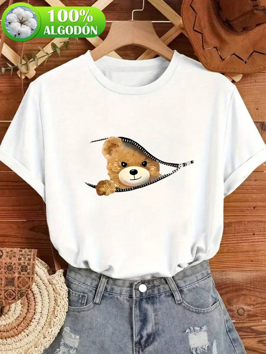 Una camiseta de algodón de cuello redondo para mujer, con estampado de osito con cremallera, divertida y linda, ropa casual y de moda para mujer - Blanco - Ver 1