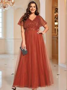 大码透视撞色亮片V领短袖高腰春季正式连衣裙，亮橙色，适合生日派对、情人节等场合