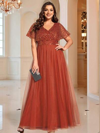 大码透视撞色亮片V领短袖高腰春季正式连衣裙，亮橙色，适合生日派对、情人节等场合