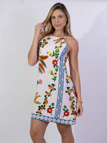 Short Dress With Zipper In The Back, Printed Summer Design. - Khaki - View 3