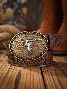 1pc Western Cowboy Style Bull Head Buckle Leather Belt, Fashion PU Material Unisex Retro Belts, 4 Colors Available - Ox - View 18
