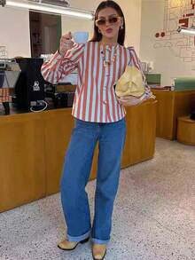 Women's Orange White Striped Blouse Puff Sleeve Round Neck Casual Long Sleeve Shirt For Daily Streetwear - Multicolor - View 3