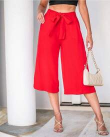 Pantacourt Viscose Linen / Capri Pants / With Belt, Pocket, Summer. - Red - View 2