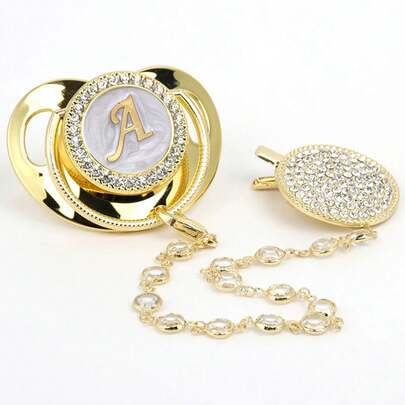 26 Name Initial Letter Baby Pacifier And Pacifier Clips  Silicone Infant Nipple Gold Bling Newborn Dummy Soother Chupete