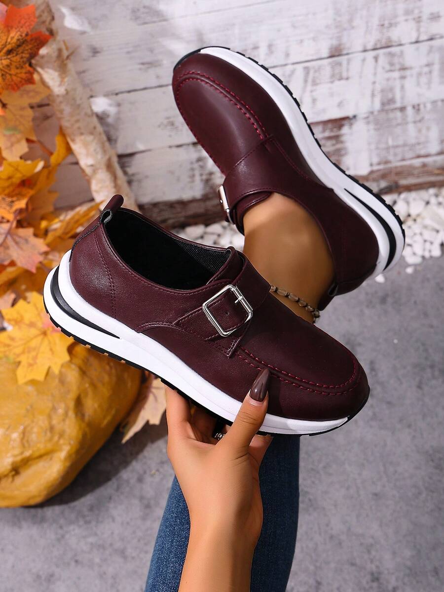 1 Pair Women's Platform Wedge Shoes, Solid Color PU Leather, Buckle Closure, Suitable For Outdoor Wear All Season - Burgundy - View 1