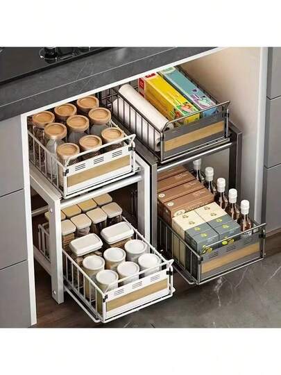 1pc Modern Metal Pull-Out Kitchen Storage Rack, Polished Surface, Multi-Function Spice & Condiment Organizer, Suitable For Under Sink Cabinet Drawer In Home And Restaurant
