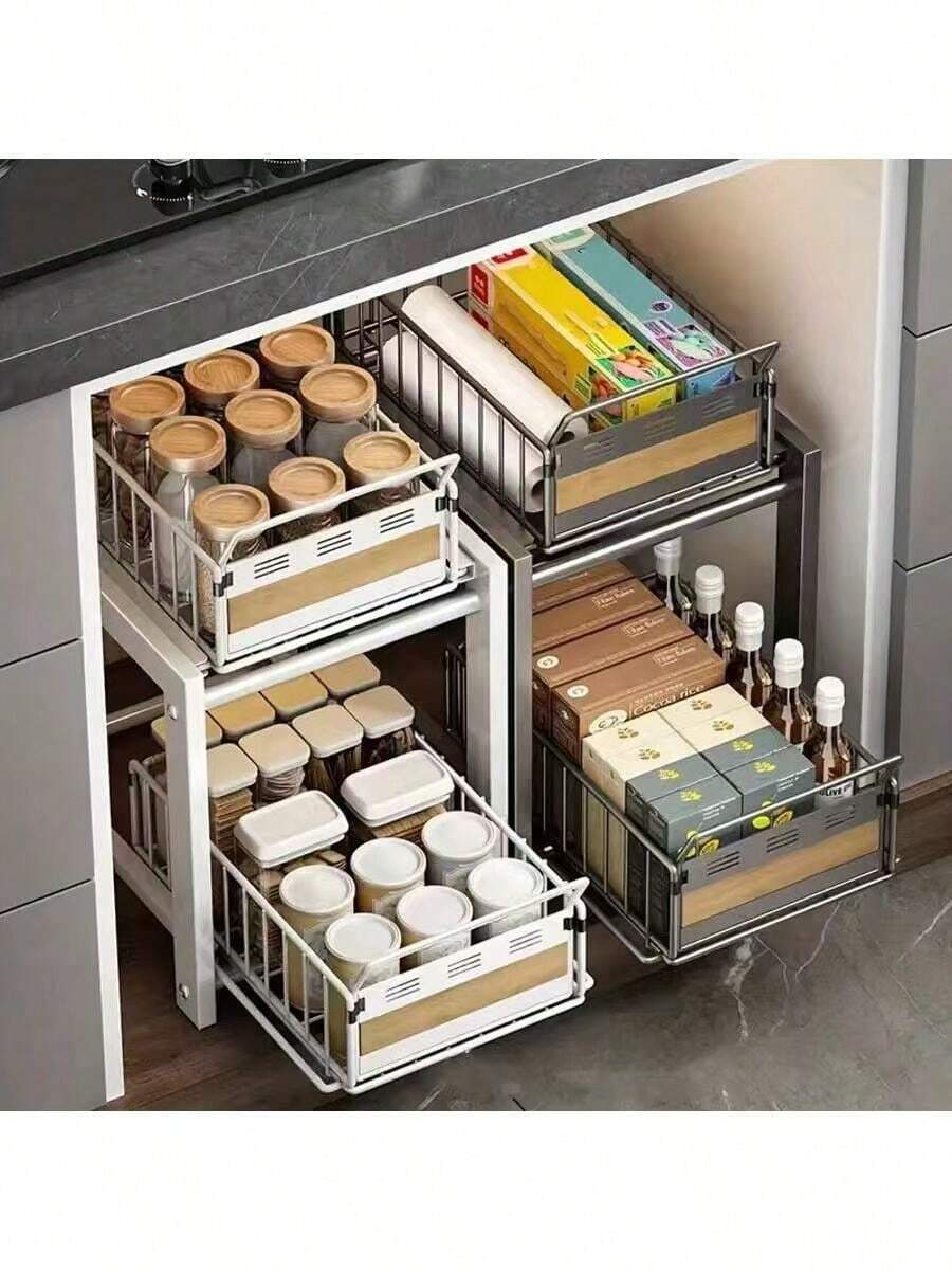 1 chiếc kệ đựng đồ nhà bếp bằng kim loại hiện đại, bề mặt được đánh bóng, kệ đựng gia vị đa chức năng, thích hợp cho ngăn kéo tủ dưới bồn rửa trong nhà và nhà hàng. - Nhiều màu - Xem 1