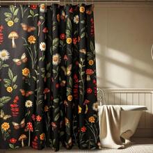 1件印花浴帘，黑色复古植物图案浴帘，经典花卉蝴蝶蘑菇设计，复古艺术浴缸浴室装饰，浴室装饰及配件，家居装饰 - 彩色 - 查看 2