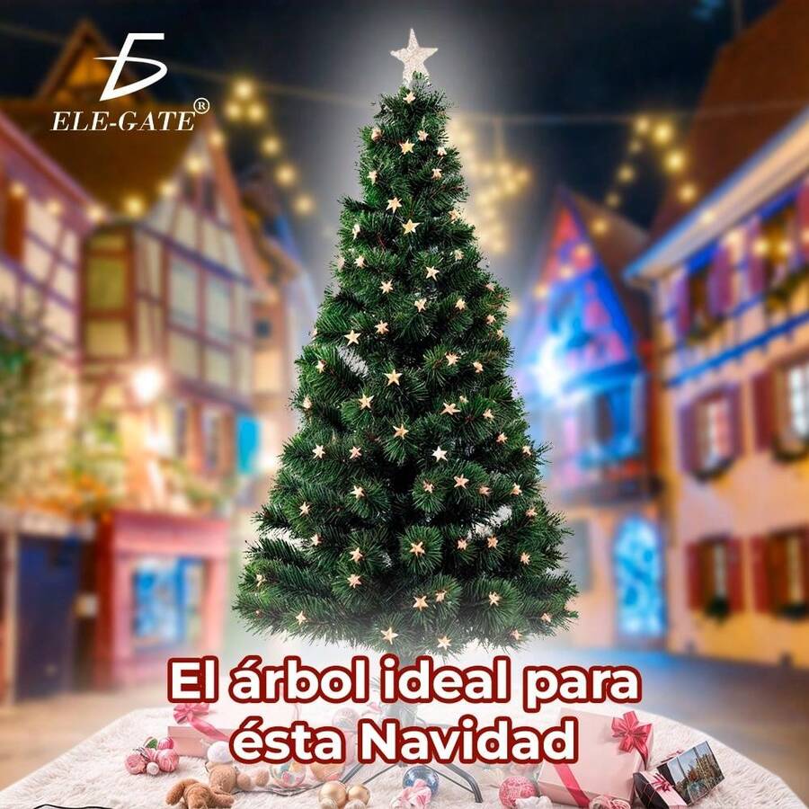 Árbol de Navidad Artificial Verde con Luces de Estrella y Pico de Estrella Integradas con Soporte de Metal 1.80m y 2.10m - Multicolor - Ver 1