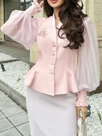 女士花卉印花亮面拼接前扣口袋贴花优雅外套