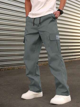 Men's Fashion Cargo Pants, Straight Leg, Elastic Waist, Loose Fit, Solid Color, Single Side Embroidered Logo, Long Pants