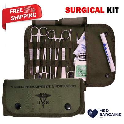 First Aid Kit With Green Canvas Bag, Olive Green, And All Instruments Are Made Of Stainless Steel. A Must-Have For Family Outings.