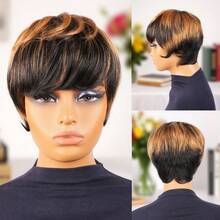 Ombre 1B/33 Color Short Pixie Cut Human Hair Wig - Black With Brown Layered Straight Style For Women, Rose Net Cap, Natural Look For Everyday Style, Fashion Accessory | Layered Style | Hair Texture, Short Hair Wig - Multicolor - View 11