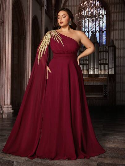 Charming Curve Women Chiffon Banquet Evening Gown Appliques Dinner Formal Dress Plus Size Solid Color Asymmetrical Neck Sleeveless Long Dresses