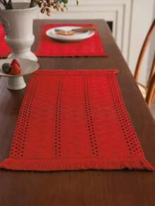 1 pieza Tapete de mesa estilo vintage americano country de color rojo sólido tejido con flecos, mantel rectangular para mesa de café, mueble de TV, fiesta festiva, cumpleaños, decoración del hogar, para todo el año - Rojo - Ver 7