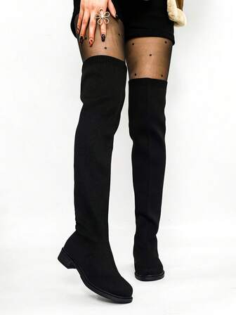 Women's Black Knee High Boots, Fashionable Minimalist Sexy Black Mesh Elastic Flat Over-The-Knee Boots