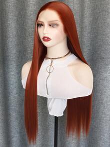 13x4 红棕色和黑色 24 英寸天然直发合成蕾丝前假发，高品质耐热纤维，全套假发适合日常佩戴