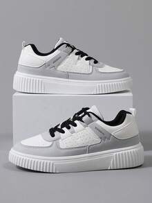 女士休闲运动鞋，系带真皮运动鞋，时尚圆头低帮，透气时尚学生鞋，滑板鞋，适合学生穿着，轻便EVA鞋底 - 灰色 - 查看 5