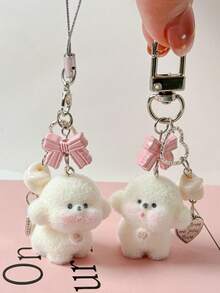 Adorable Flocked Bear Phone Strap & Keychain - Soft Flocked Fur With Heart-Shaped Bow And Expressive Eyes, Soft Pink And White, Reliable Clip-On Accessories For Bags, Keys, Backpacks, And Car Keys - Perfect Girl Gift, Daily Accessory (No Batteries/No Electronic Components) - Cute Flocked Bear With Heart-Shaped Ears And Bow, Black Clip, Versatile For Bags And Keys, Enchanting Women's Gift And Women's Accessories