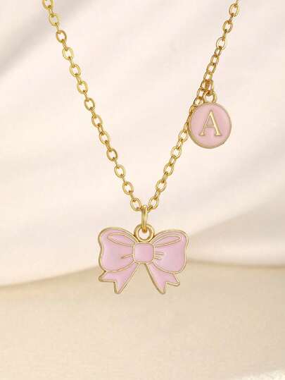 1 Pc Cute Sweet Fashion Pink Bow 26 Initials Zinc Alloy Double Pendant Clavicle Chain Gold Necklace Suitable For Women Four Seasons Daily Versatile Fashion Single Item Jewelry, For Holiday Birthday Christmas Valentine's Day Gift