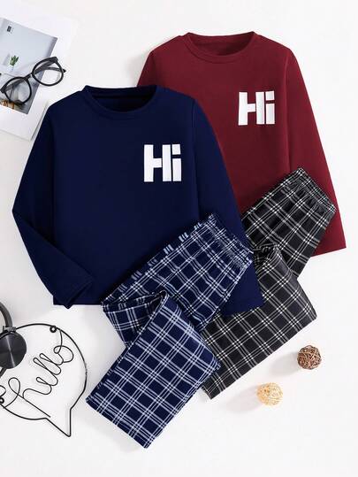 A 4-Piece Fashionable Casual Home Outfit Suitable For Boys, Including A Long Sleeved Top With The Word "Hi" Printed On It And Checkered Straight Leg Pants, A Black And Blue Combination Multiple Piece Set, Comfortable Fabric, Suitable For Home Wear