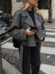 Women's Casual Loose Double-Breasted Lapel Short Jacket - Grey - View 1